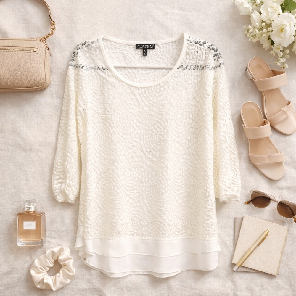 Picadilly White Lace Crochet Tunic L Made in Canada Boho Chic